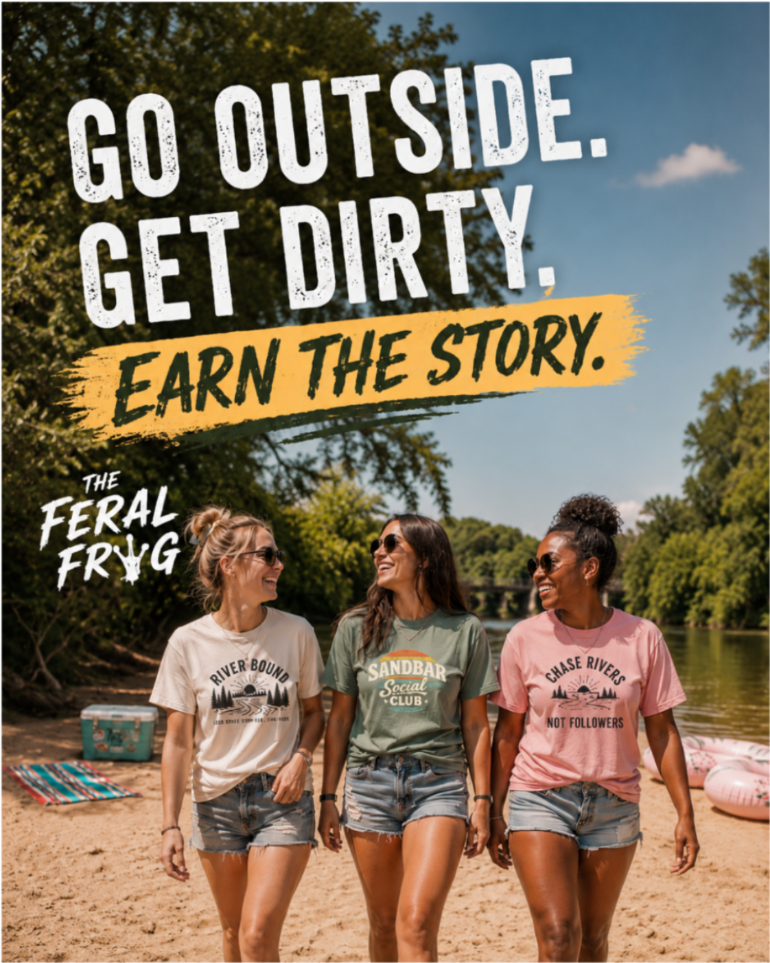Three women walking on a beach with outdoor-themed t-shirts and the text 'Go Outside. Get Dirty. Earn the Story.'